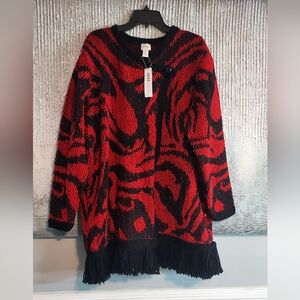 Chicos Abstract Agatha Wool Blend  Fringe Cardigan Wrap Style Sz-3/XL